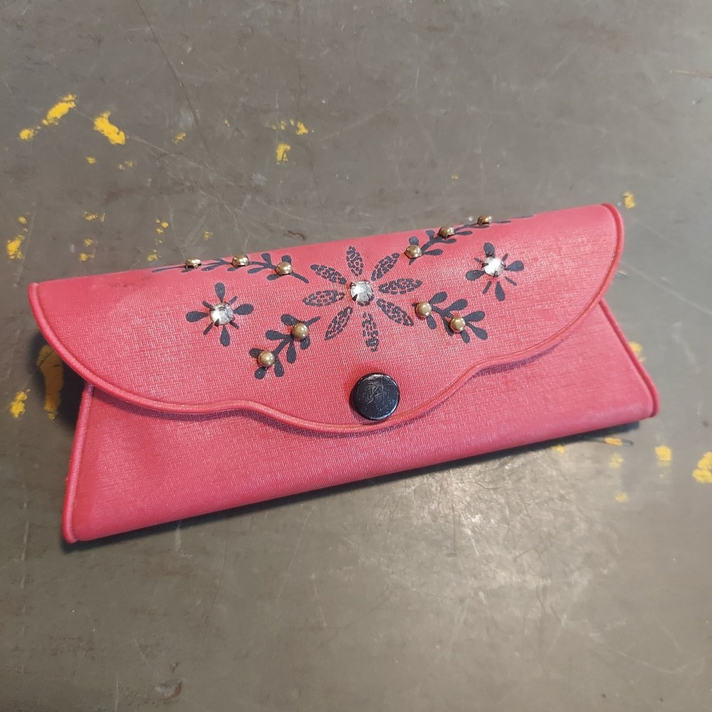 Vintage Pink Floral Rhinestone Studded Vinyl Eyeglass Case Snap Closure 5x2